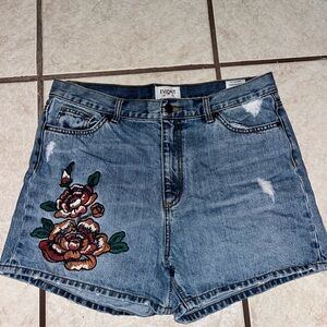 Evidnt Blue Denim Shorts with Floral Embroidery